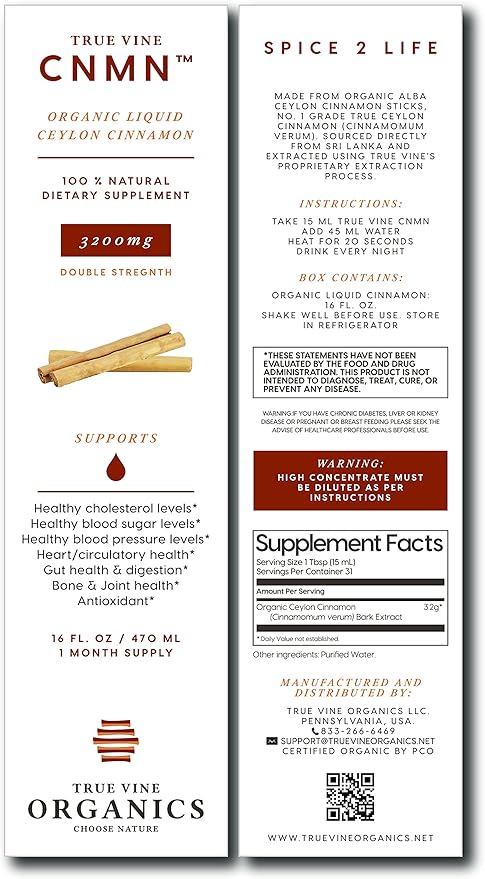 True Vine 3200mg Liquid Ceylon Cinnamon Supplement (Made in USA) for Healthy Heart Blood Pressure Sugar Cholesterol Gut &amp Joints — 100% Organic Ceylon Cinnamon to Fight Free Radicals (16 fl oz