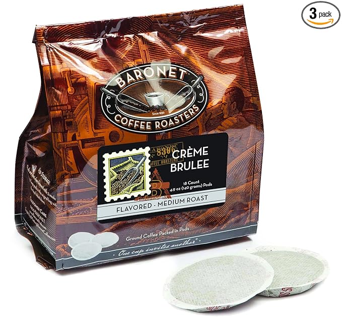 Baronet Coffee Pods [Crème Brulee Flavored-54 Pods] Single Cup Use Like Senseo - 3 Bags of 18 Single Serve 8 Gram Regular Strength Medium Roast [Crème Brulee]