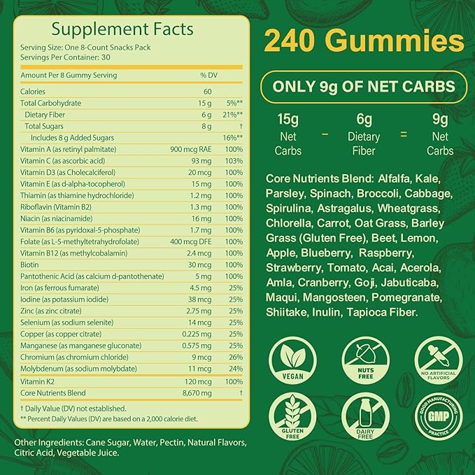 Greens Daily Gummies Superfood Fruits and Veggies Blend with Spirulina Chlorella Prebiotics &amp Fiber Adaptogens Multivitamin Supplement for Women &amp Men Digestive Health Non-GMO 240 Count