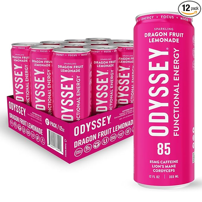 Odyssey Functional Energy Drink for Focus Cognition &amp Mood Support 12 Pack - Adaptogenic Drink with 85mg Green Tea Caffeine Lion’s Mane Cordyceps L-Theanine &amp Ginseng Dragon Fruit Lemonad
