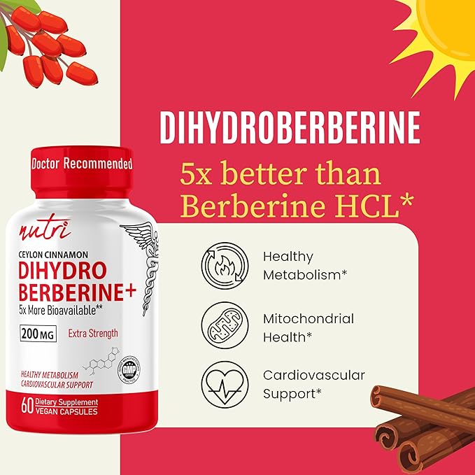 Dihydroberberine Supplement 200mg 60 Capsules - with Organic Ceylon Cinnamon 54X More Bioavailable Than Regular Berberine HCL - Nutri Supplements Dihydroberberine 200mg - 3rd Party Tested - Vegan