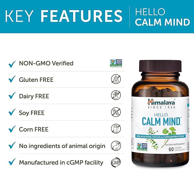 Himalaya Hello Calm Mind Herbal Supplement with Bacopa L-Theanine Gotu Kola Supports Concentration &amp Focus Cognitive Function Clear Thinking Relaxation Vegan Gluten Free 60 Capsules