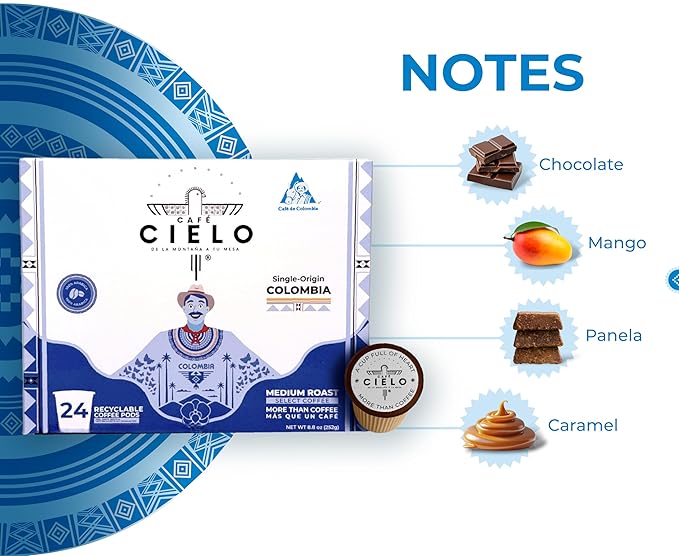 Café Cielo Colombian Coffee K-Cup Pods Single Origin Medium Roast 100% Select Arabica Coffee 24 Count (1 Box of 24 K-Cup Pods) Compatible with Keuring &amp Keuring 2 Coffee Machines enrriched