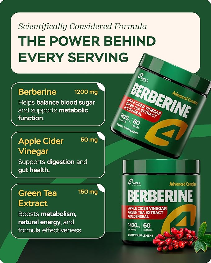 3-Pack Berberine Supplement - Triple Strength GLP-1 Activator w/Goldenseal Apple Cider Vinegar Green Tea Extract - Goldenseal Supplements Digestive Health Support Heart Immune System 180 Caps