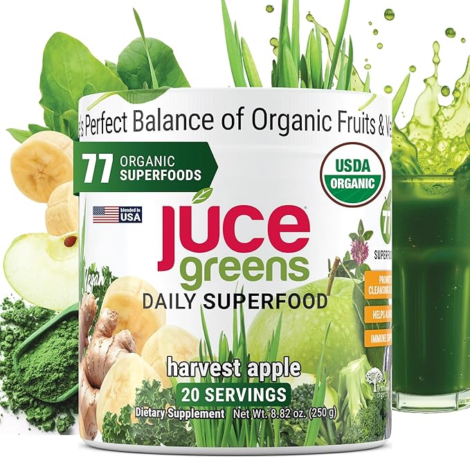 Terra Kai Organics JUCE Green Superfood Powder Organic Fruits and Veggies Supplement W/ 77 Superfoods Plus Prebiotic Probiotic Blend Harvest Apple Flavor - 20 Servings (250 g)