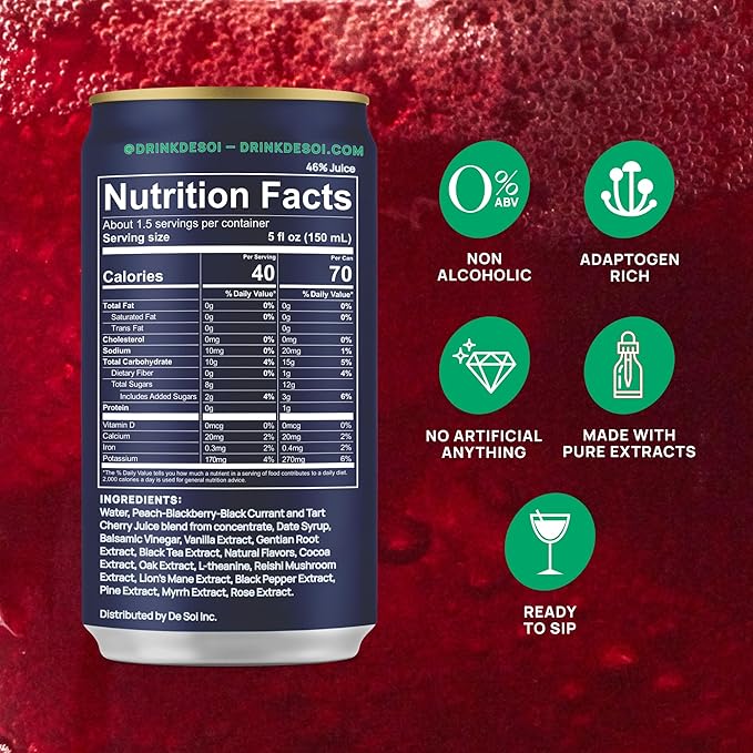 De Soi Purple Lune Mocktails NA Drinks 8 fl oz (12-pack) - Adaptogen Drink Sparkling Drink with Calming Botanicals Mocktail Drinks Gluten Free No Artificial Flavors