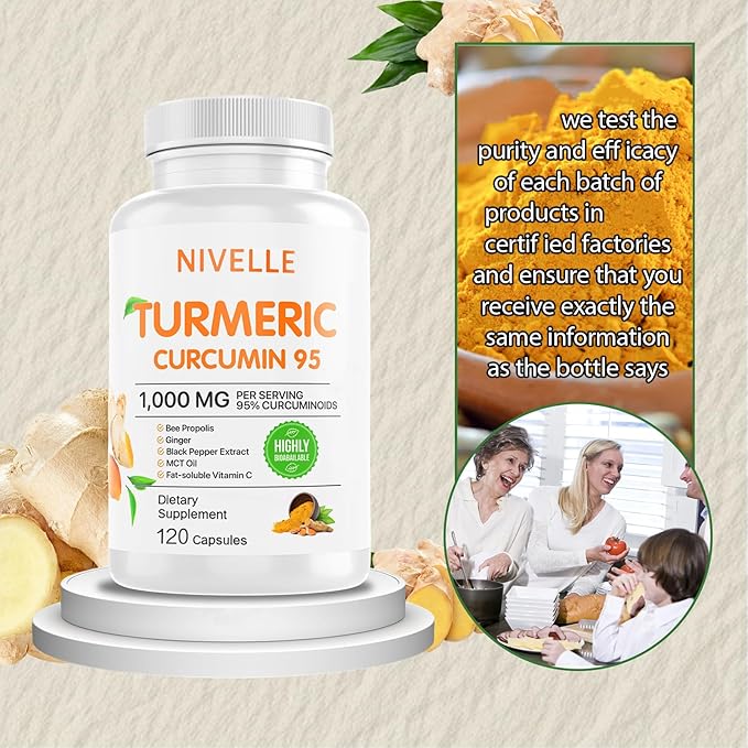 NIVELLE Turmeric Curcumin | Pure Turmeric Curcumin Supplement 1000mg | 95% Curcuminoids with Bee Propolis Ginger MCT Oil Fat Soluble Vitamin C &amp Black Pepper | 120 Capsules (1)