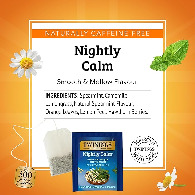 Twinings Nightly Calm Herbal Tea Individually Wrapped Bags 20 Count (Pack of 6) Spearmint &amp Lemongrass Naturally Caffeine-Free Enjoy Hot or Iced 120 Teabags