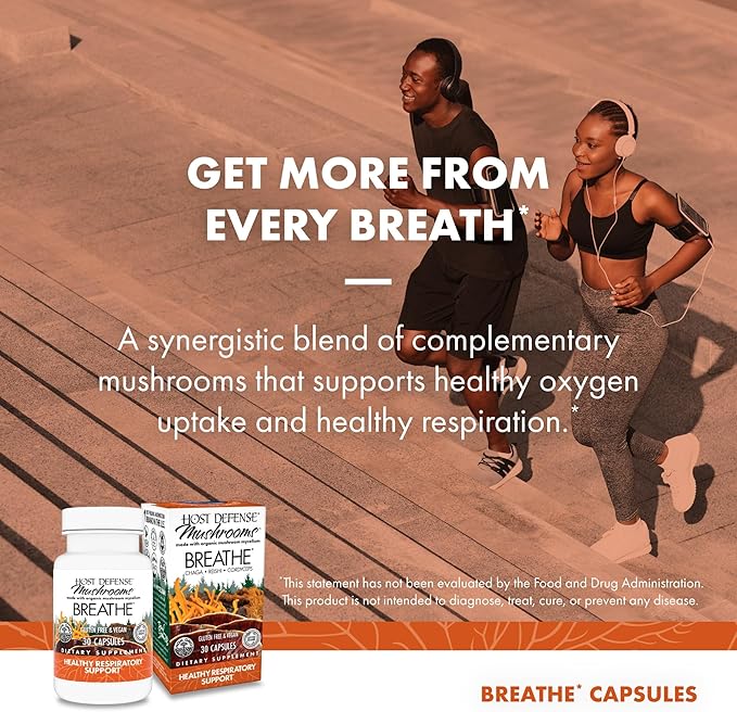 Host Defense Breathe* Capsules - Immune &amp Respiratory Support Mushroom Supplement - Herbal Lung Health Supplement with Chaga Reishi &amp Cordyceps - 30 Capsules (15 Servings)* (Pack of 2)