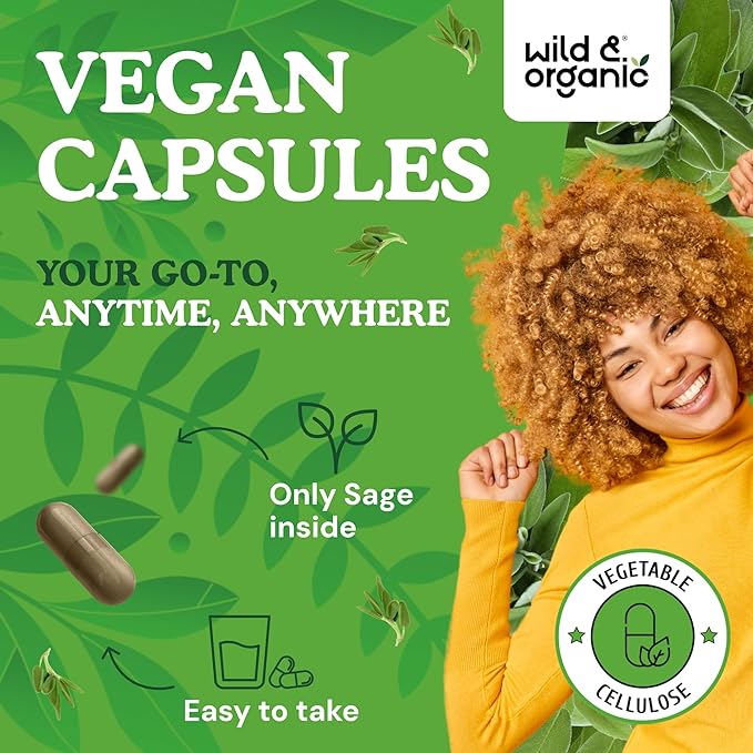 Wild &amp Organic Sage Capsules 1000 mg - Brain Digestive &amp Immune Support - Sage Leaves Extract Supplement - 60 Days of Supply - 120 Herb Capsules - Vegan Non-GMO Gluten-Free No Fillers