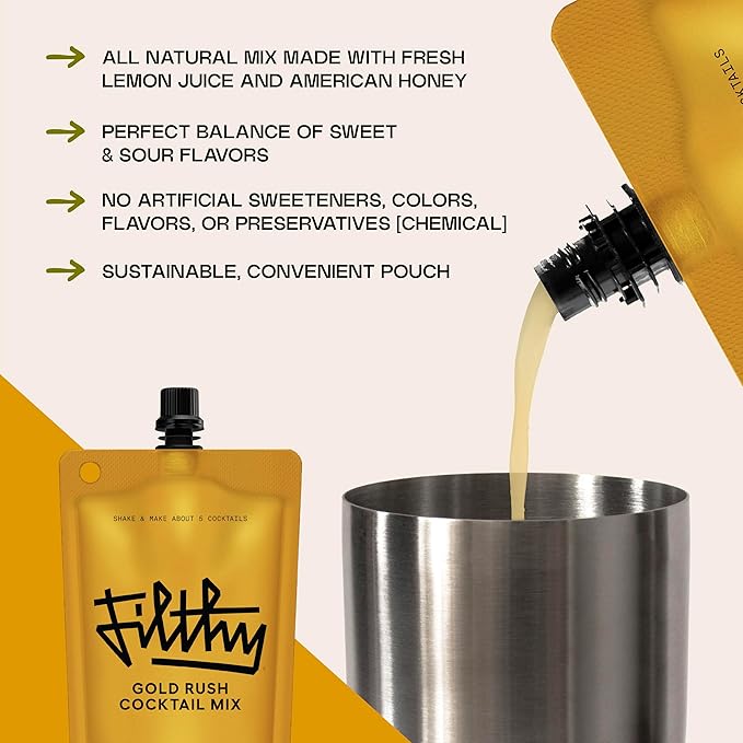 Filthy Gold Rush All Natural Cocktail Mixer - Made With Fresh Lemon Juice &amp American Honey - Balanced Sweet &amp Sour Cocktail Mix for Whiskey Gin and Non-Alcoholic Mocktails - 8 oz Pouch 6 Pac