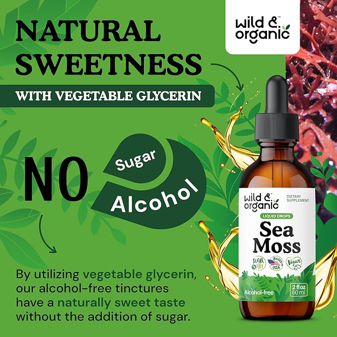 Wild &amp Organic Sea Moss Liquid Drops - Immune Support - Irish Sea Moss and Bladderwrack Tincture - Multimineral Chondrus Crispus Supplement - Vegan Sugar &amp Alcohol-Free - 2 fl oz