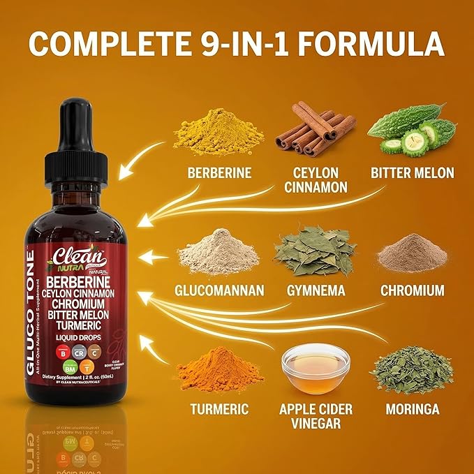 Clean Nutra Berberine with Ceylon Cinnamon Supplement Liquid Drops + Bitter Melon Extract Glucomannan Gymnema Chromium Turmeric Organic Panax Ginseng Moringa GLP-1 Support