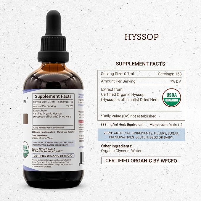 Hyssop USDA Organic | Alcohol-Free Extract High-Potency Herbal Drops | Made from 100% Certified Organic Hyssop (Hyssopus officinalis) Dried Herb (4 oz)