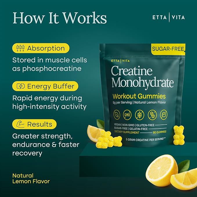 Sugar-Free Creatine Monohydrate Gummies 5gram per Serving Potent Creatine Gummies for Women &amp Men Supplement for Muscle Support Cellular Energy &amp Cognitive Function [Lemon Drops Candy Flavo
