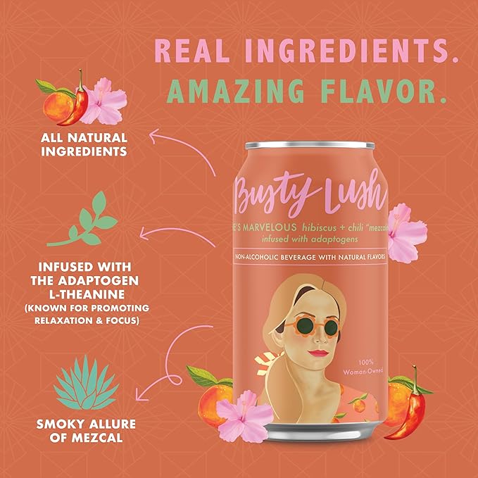 Busty Lush Craft Mocktails – Non-Alcoholic Sparkling Drinks Zero Proof Drinks Mezcalita Alcohol Alternative – Infused with L-Theanine Low Calorie Ready to Drink | 12 oz (8-Pack)