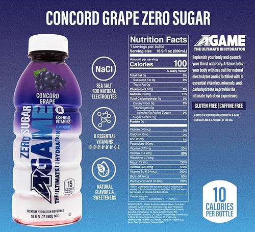 A-GAME Zero Sugar Sports Drink Concord Grape Zero Sugar FreNatural Flavors Gluten Free &amp Keto Friendly 16.9 Fl Oz (Pack of 12)