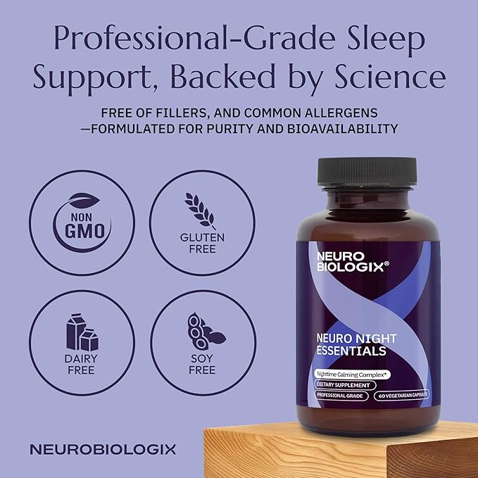 Neurobiologix Neuro Night Essentials Calming Nighttime Formula with GABA L-Theanine Valerian Root &amp Magnesium Supports Relaxation Emotional Balance &amp Wind-Down Routine 60 Vegetarian Capsule