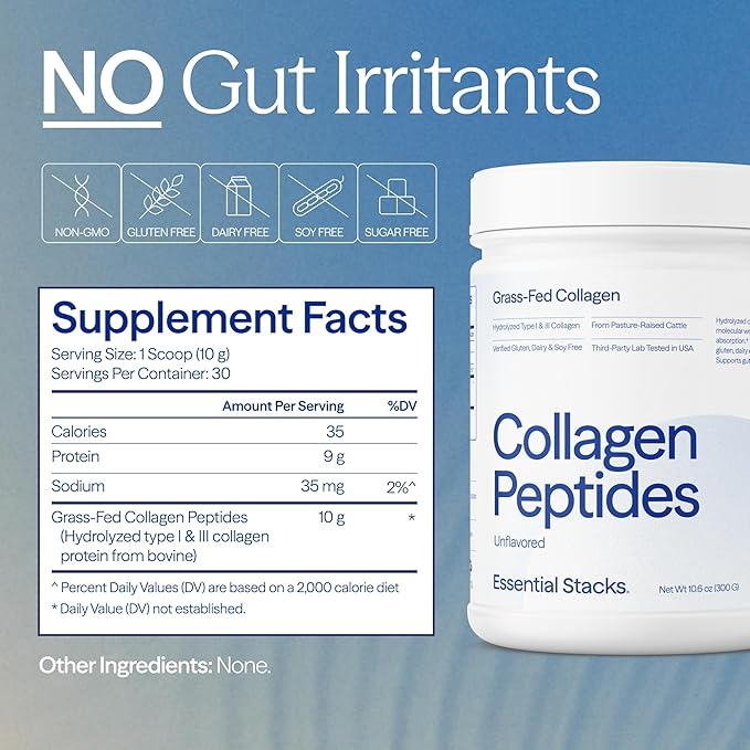 Essential Stacks Collagen Peptides Powder (from Grass Fed Cattle) - Gluten Dairy &amp Soy Free - Unflavored Hydrolyzed Collagen Supplement (10.6 oz)
