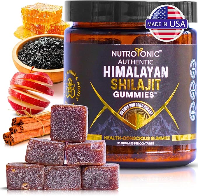 NutroTonic® Organic SHILAJIT Gummies | Apple Cinnamon Flavor | Shilajit for Men &amp Women | No Added Sugar Sweetened by Manuka Honey | Clean Formula | Natual Source of Urolithin | 30 Gummies