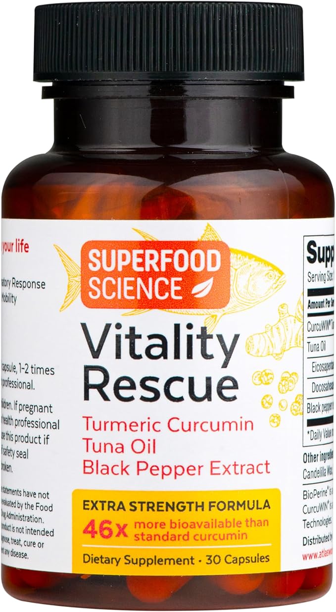 Vitality Rescue Omega 3 with Turmeric Curcumin Supplement Fish Oil DHA EPA with BioPerine &amp CurcuWin 46X Absorption Supports Joint Muscle Heart &amp Brain Health 30 Capsules