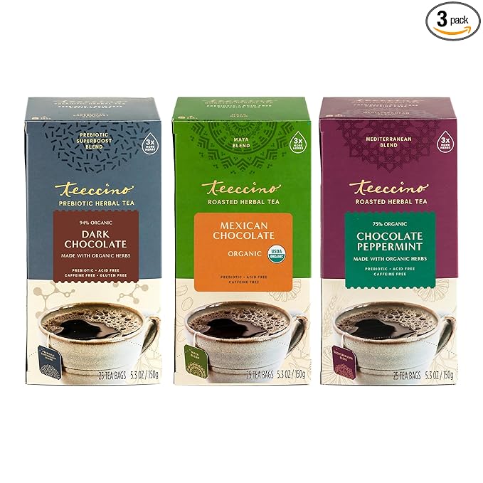 Teeccino Chocolate Lover’s Tea Variety Pack - Dark Chocolate Mexican Chocolate Chocolate Peppermint - Roasted Herbal Tea That’s Caffeine Free &amp Prebiotic for Natural Energy 25 Tea Bags (Pack of