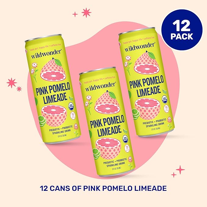 Wildwonder Sparkling Probiotic Drink Pink Pomelo Limeade Gluten Free Vegan Canned Soda with 5g of Prebiotic Fiber for Digestive &amp Immune Support Low Sugar Caffeine Free 12 FL OZ Cans 12 Pa