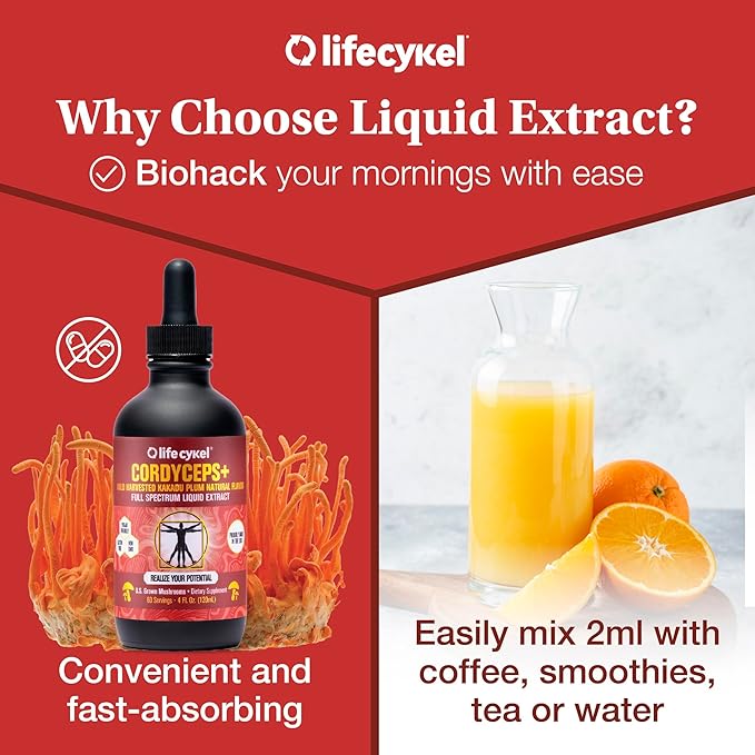 Lifecykel Cordyceps Mushroom Extract w/Kakadu Plum- Natural Energy Supplement for Fatigue &amp Stamina- Mycelium Vitamin C Antioxidants Non-GMO Organic Mushrooms Made in US 2 Fl oz (Packaging May Va