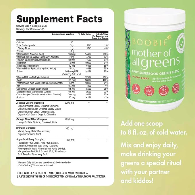 Boobie Mother of All Greens | Your New Family Ritual Daily Super Greens Powder with 35+ Essential Nutrients for Moms &amp Families | Vegan Gluten Free &amp Sugar Free | Mixed Berry Flavor 60 svg
