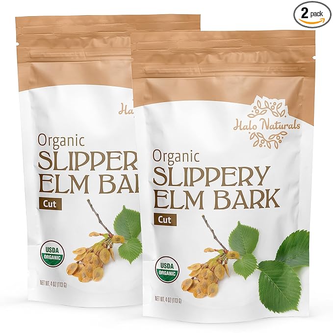 Halo Naturals Organic Slippery Elm Bark Cut 4 Ounces (Ulmus rubra) USDA Certified | Resealable Pouch| Packaged in The USA (Pack of 2)