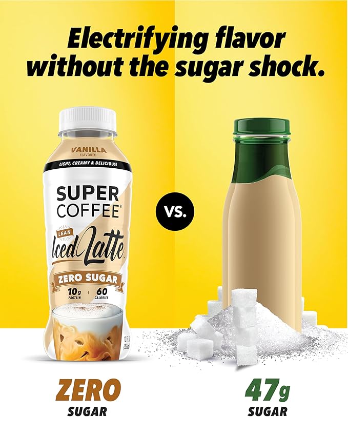 Super Coffee Ready To Drink Iced Coffee Vanilla Latte (12 Ounce Bottles Pack of 12) - Low Net Carbs No Added Sugar Keto Friendly 10g of Protein Low Calorie Protein Coffee