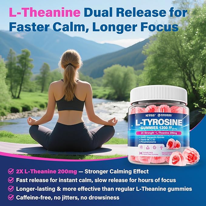 L Tyrosine Gummies 1200mg L-Tyrosine L Theanine Gummies Supplement for Adults with Magnesium Glycinate GABA Vitamin B6 D3 &amp C for Calm &amp Focus -- Brain Supptements for Memory Mood &amp R