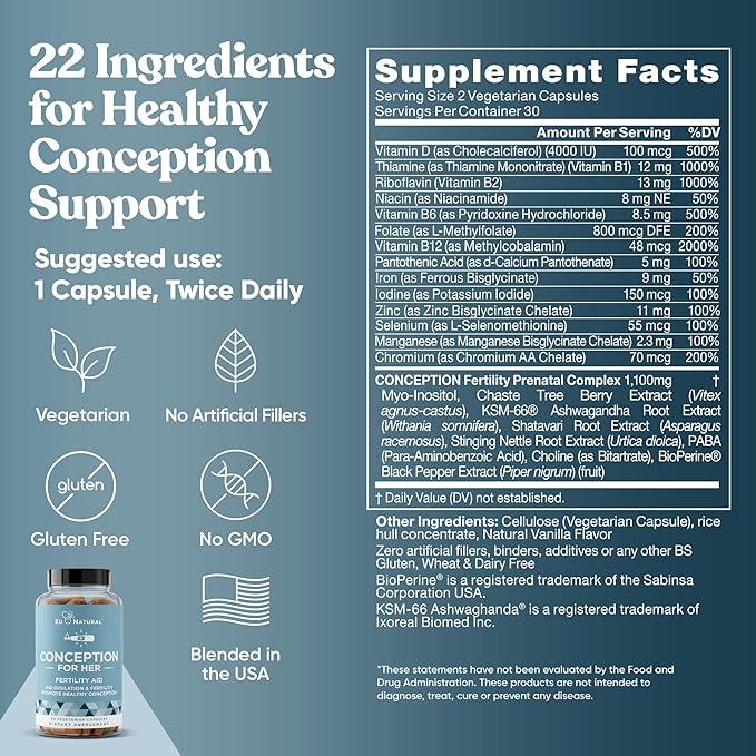 Eu Natural Conception for Her Fertility Supplements for Women - Ovulation Hormonal Balance &amp Regular Cycle Support - Myo-Inositol Folate Folic Acid &amp Vitex - 60 Vegetarian Capsules