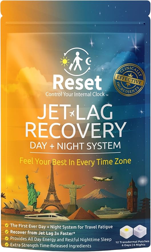 Reset Jet Lag Recovery System | Day and Night Transdermal Patches with Extra Strength Melatonin Magnesium and B Vitamins | Travel Fatigue Relief Sleep Support and Energy Boost |12 Patches