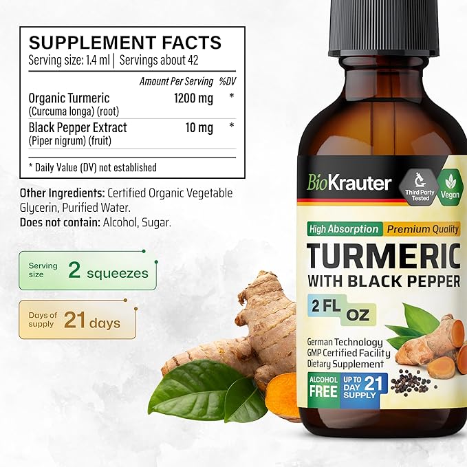 BIO KRAUTER® Turmeric Supplement for Joint Support - Pure Vegan Curcumin with Black Pepper 2 Fl.Oz 28 Days of Supply - Curcumin Drops 1200 mg for Antioxidant &amp Immune Support - Alcohol &amp Sugar