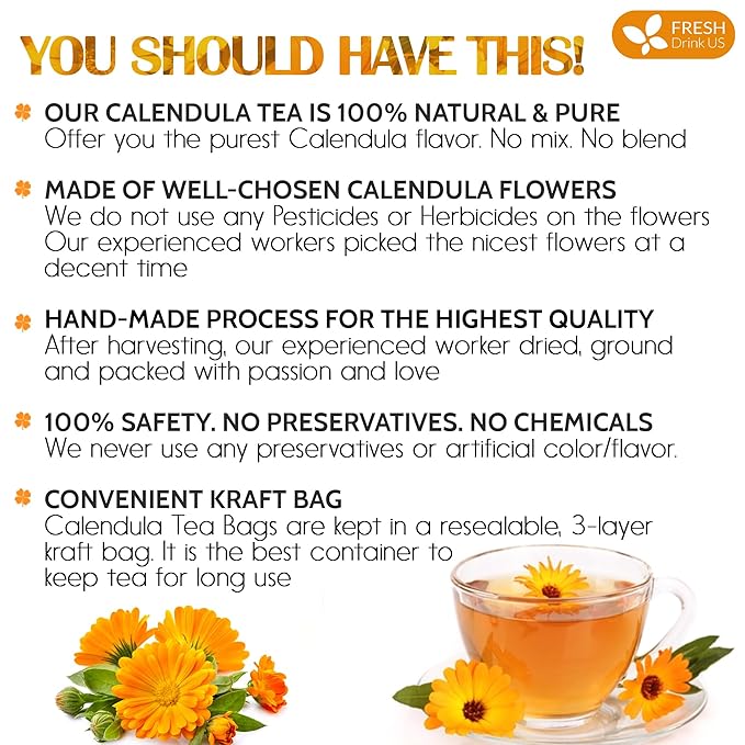 FreshDrinkUS Premium 135 Calendula Tea Bags 100% Natural and Pure Calendula Flowers Eco-conscious Tea Bags. Herbal Tea. No Sugar No Caffeine No Gluten Vegan.