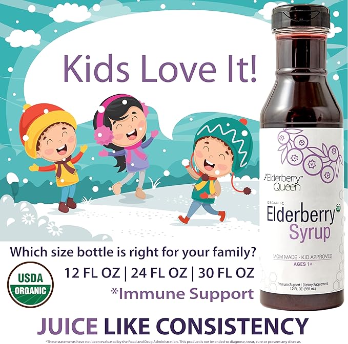 Elderberry Queen Organic Elderberry Syrup 30 Fl Oz - Immune Support Formula with Sambucus Black Elderberry &amp Aronia Berry - Pure Natural Certified Organic Elderberry Syrup for Kids and Adults
