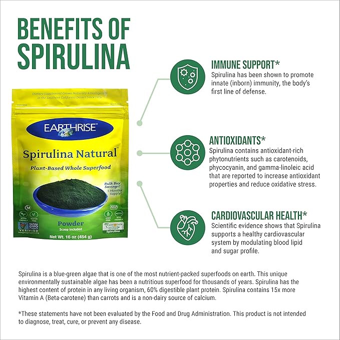 Earthrise Spirulina Natural Powder 16oz Natural Premium Spirulina from California- Vegan Gluten Free Keto Friendly Non -GMO Super Food high in Vitamins &amp Minerals. (1 LB)