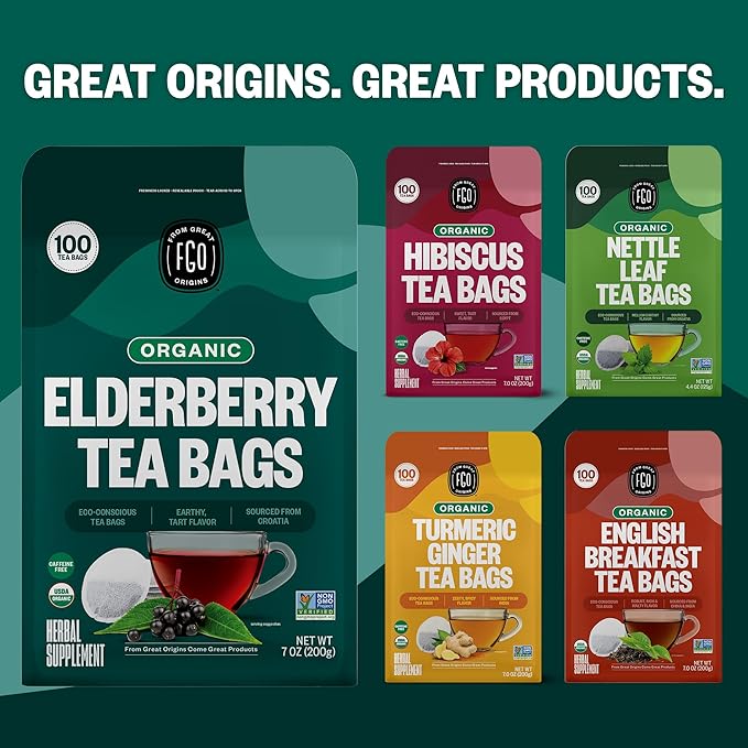 FGO Organic Elderberry Tea 100 Count Eco-Conscious Herbal Tea Bags Resealabel Bag Caffeine Free Packaging May Vary (Pack of 1)
