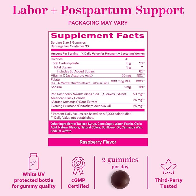 Pink Stork Red Raspberry Leaf Gummies - Third Trimester Labor Prep + Postpartum Mood Essentials with Evening Primrose Oil + Black Cohosh - 60 Vegan Gummy Supplements Non-GMO