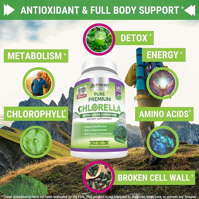FRESH HEALTHCARE Premium Chlorella Supplement 1200mg Pure Vegan Powder Capsules 180 Chlorophyll and CFG Pills Natural Detox Superfood Naturally Contains B Vitamins and Minerals