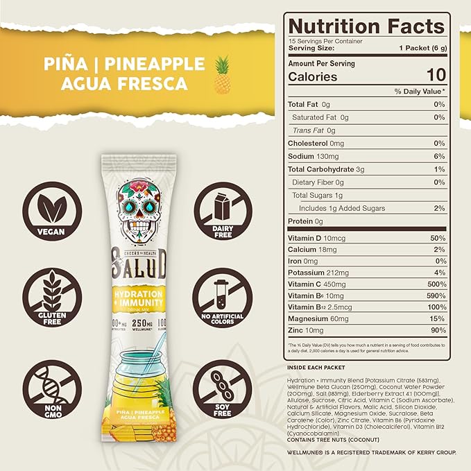 Salud 2-in-1 Hydration Packets + Immunity Electrolytes Powder Pineapple - Agua Fresca Drink Mix Elderberry Dairy &amp Soy Free Non-GMO Gluten Free Vegan Low Calorie 1g Sugar (15 Servings)