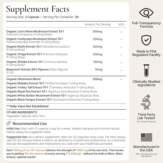 ACEWORKZ Mushroom Complex Supplement 14500mg - Organic 10 Mushroom Blend with Lion’s Mane and BioPerine Reishi &amp Cordyceps – Memory Focus &amp Immune Support for Enhanced Absorption (60 Capsul