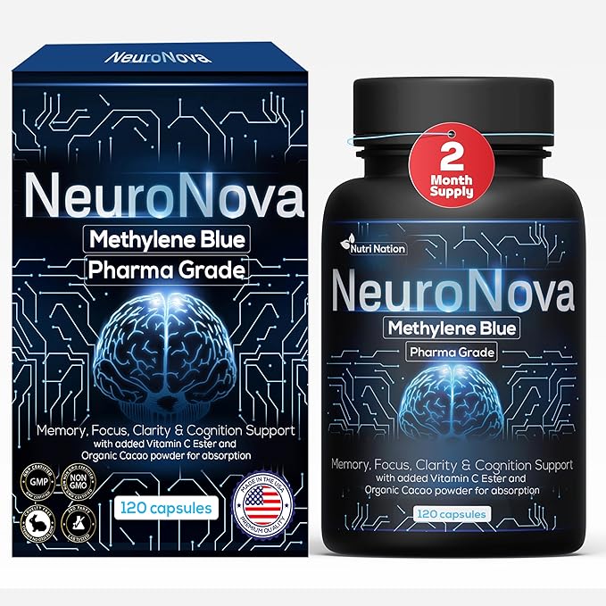 Methylene Blue Pharmaceutical Grade Capsules 120 Count 2 Month Supply for Focus &amp Cognitive Support for Adults - Third Party Tested and Made in USA