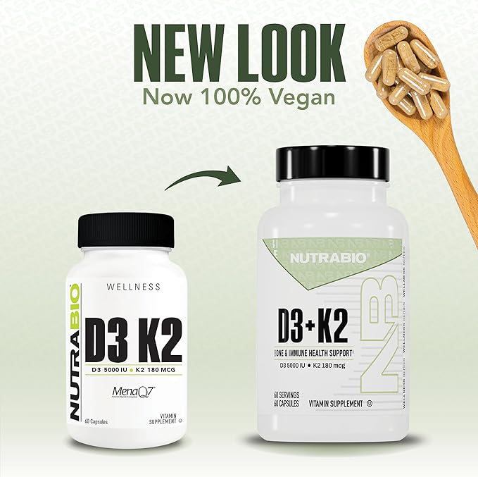 NutraBio Vitamin D3 K2 | 5000 IU D3 as Cholecalciferol with Vitamin K2 as MENA-Q MK7 (180mcg) | Support Bone and Heart Health | Non-GMO Gluten Free Lactose Free | 60 Vegetable Capsules
