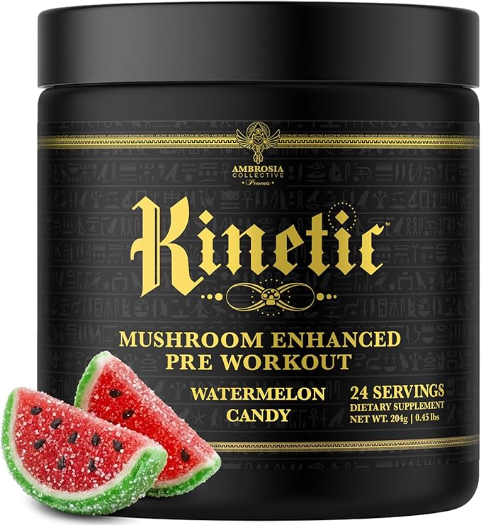 Ambrosia Kinetic - Organic Pre Workout Powder | Mushroom-Enhanced Natural Pre Workout | Nootropic Superfood Powder for Clean Energy Focus Recovery | 24 Servings | Watermelon Candy
