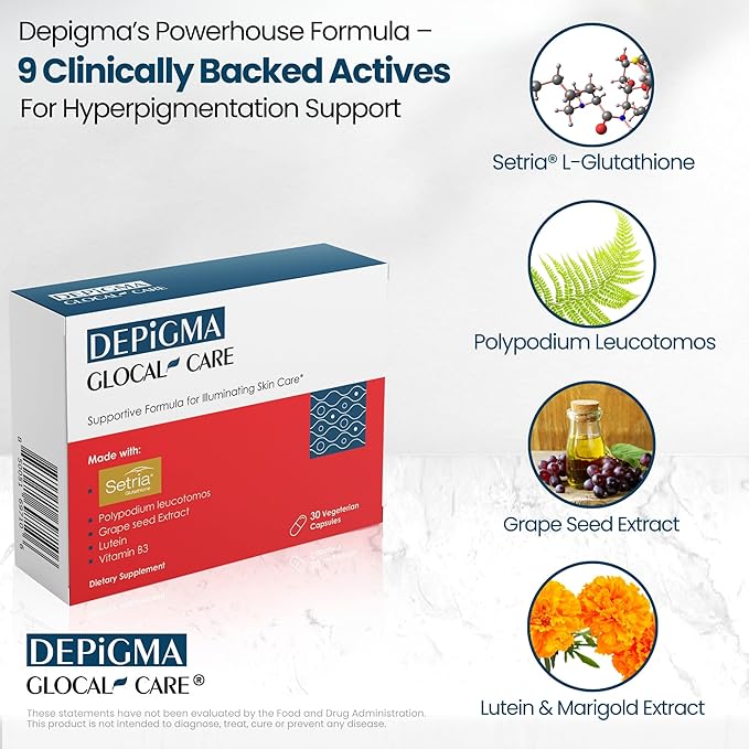 GlocalCare Depigma Support Reduction of Hyperpigmentation Melasma &amp Dark Spots with Glutathione Polypodium Leucotomos Grape Seed &amp Marigold Extract