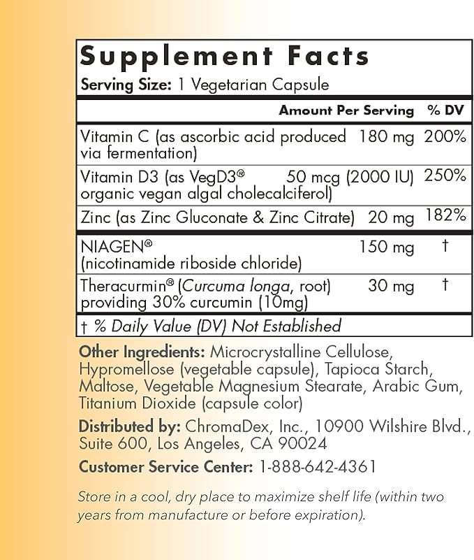 TRU NIAGEN Immune Support Supplement - Daily Defense - Vitamin C from Fermentation Vegan Vitamin D3 2000 IU Zinc Plus Theracurmin (Curcumin) + Multi Award-Winning NAD Boosting Niagen 150mg 30ct