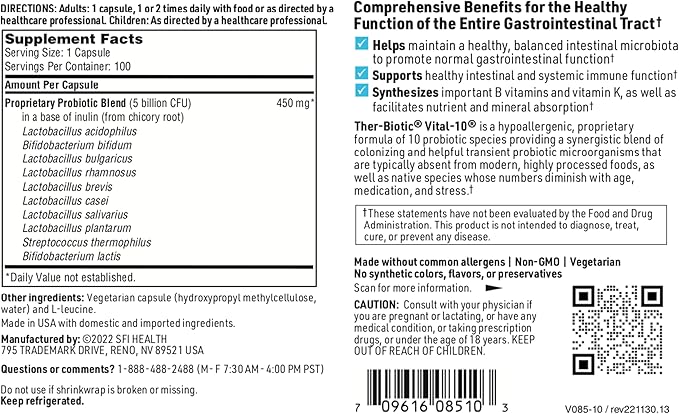 Klaire Labs SFI Health Vital-10 Probiotic - Immune &amp Digestive Support Supplement 5 Billion CFU 10 Species with Lactobacillus Bifidobacterium &amp Streptococcus Dairy-Free (100 Capsules 2 Pack