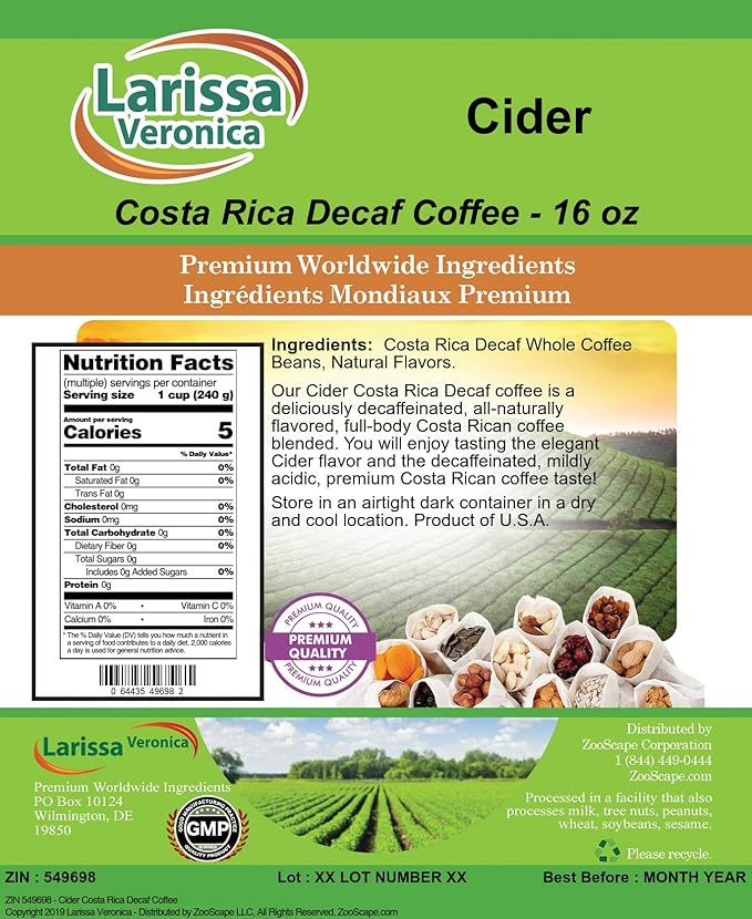 Cider Costa Rica Decaf Coffee (Gourmet Naturally Flavored Whole Coffee Beans) (16 oz ZIN: 549698) - 3 Pack